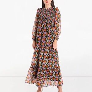 MANGO Sheer Floral Long Sleeve Maxi-Dress